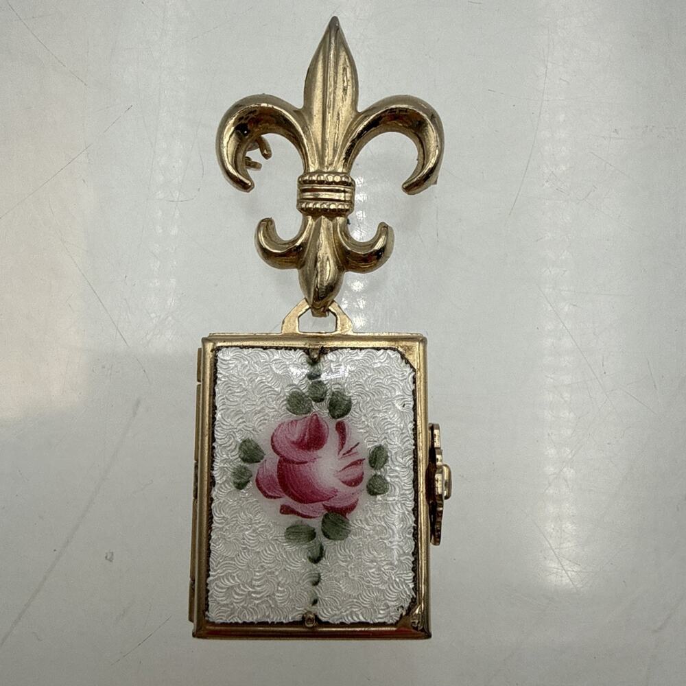 Vtg Signed Coro Pegasus 4 Picture Enamel, Rose Book Locket Brooch FleurDeLis ⬇️